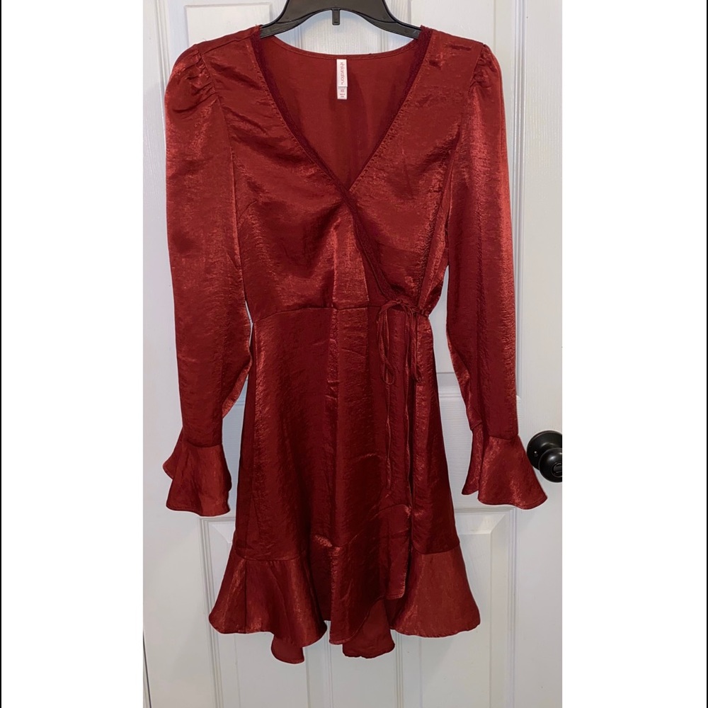 Xhilaration Burgundy Long Sleeve Satin Mini Dress